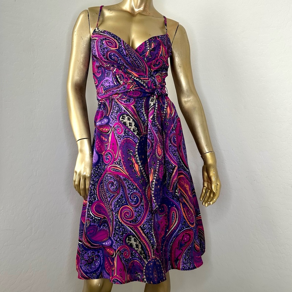TRINA TURK DEVENDRA ‘ULTRA VIOLET’ 100% Silk fit & flare paisley print dress 0 - Picture 1 of 10